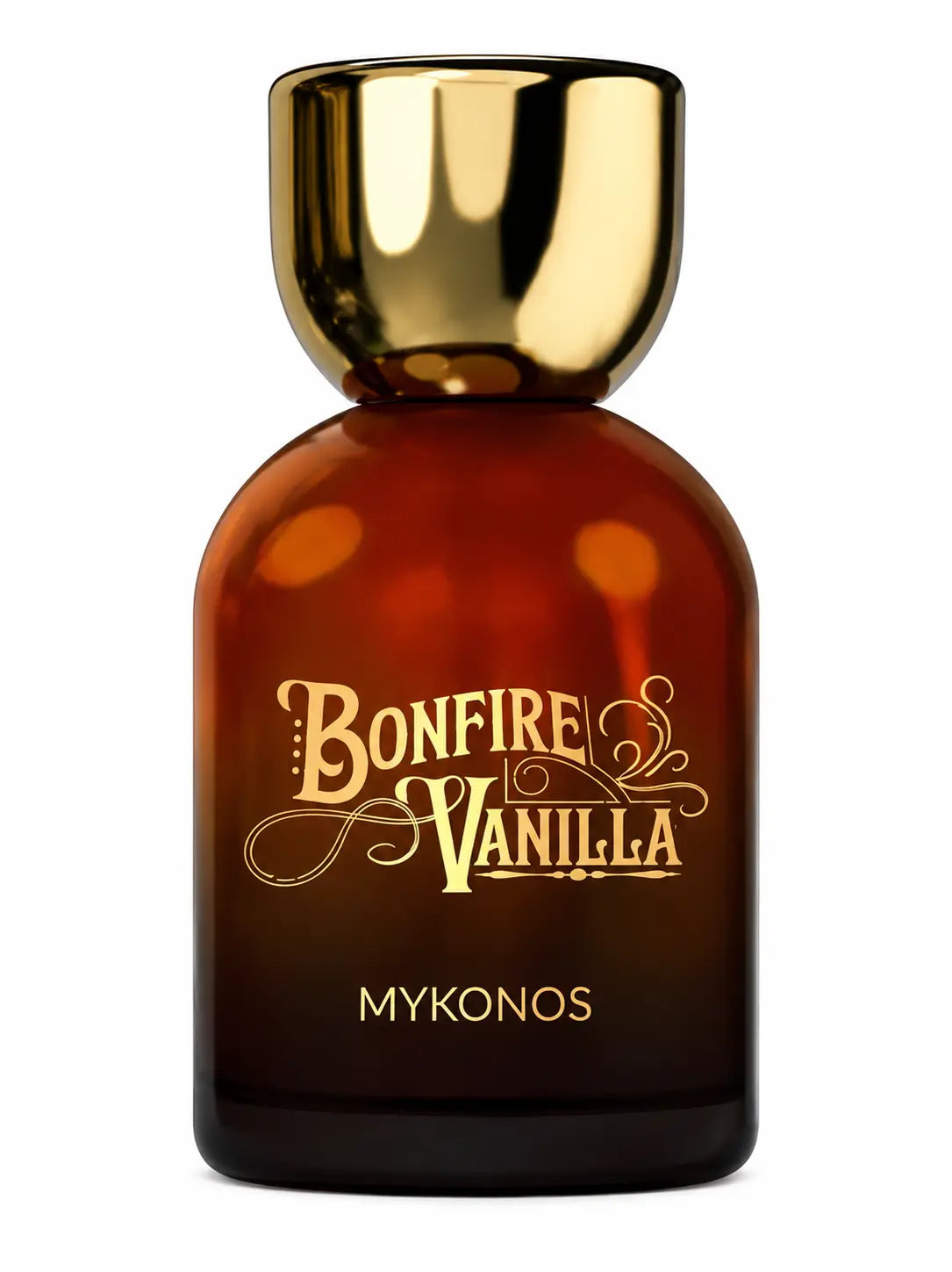 A bottle of Bonfire Vanilla Mykonos perfume with an amber brown glass body, a shiny gold cap, and gold lettering on the front, set against a plain white background. Mykonos Bonfire Vanilla Extrait de Parfum 50ml perfume bottle – cozy smoky woods, warm toasted vanilla, and sweet amber gourmand fragrance for men and women
