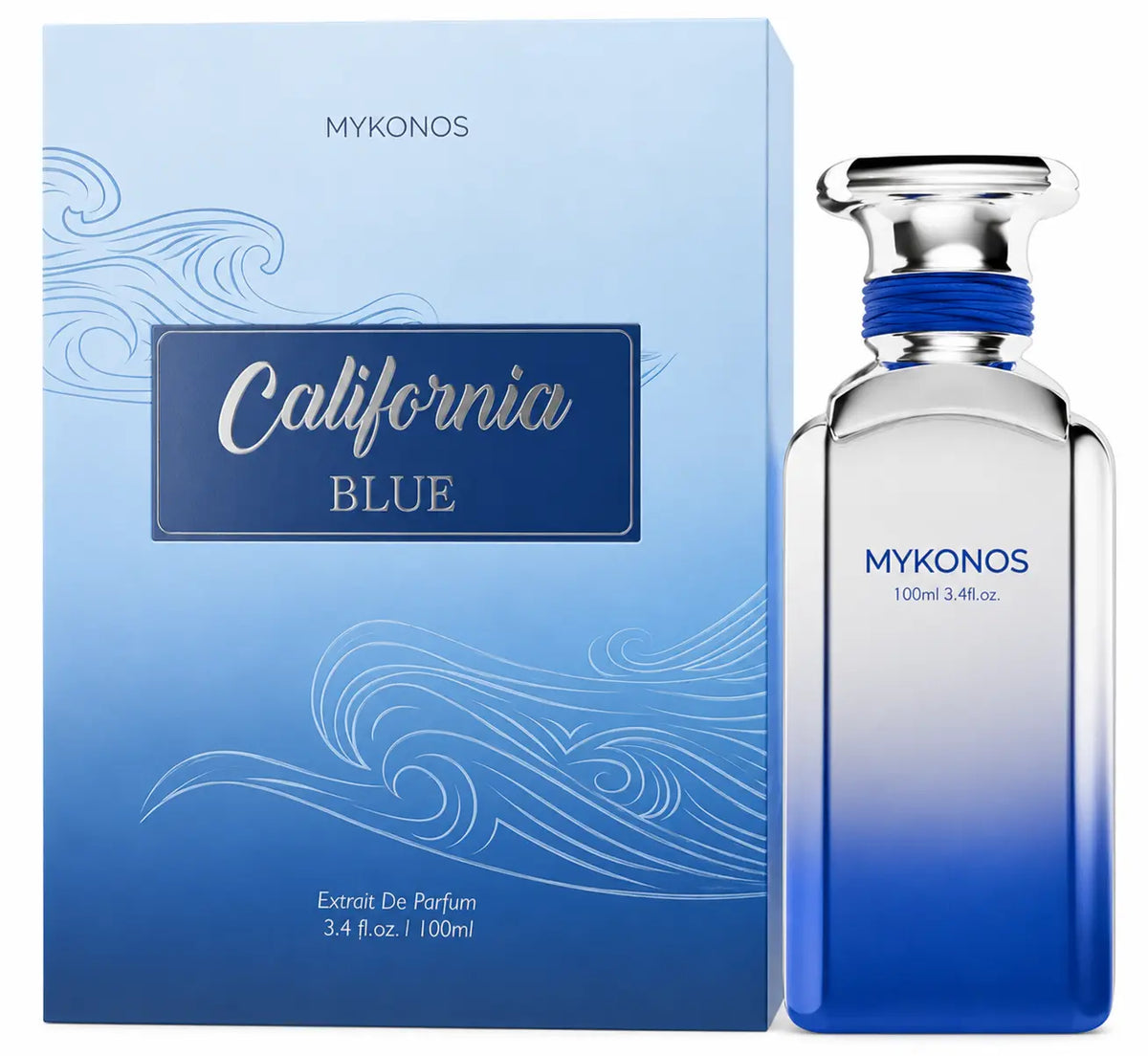 Mykonos California Blue Extrait de Parfum 100ml with original packaging – vibrant coastal breeze, fresh marine citrus, and sun-drenched woods fragrance for men and women
