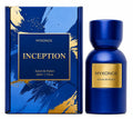 A bottle of MYKONOS Inception Extrait De Parfum in a deep blue bottle with a gold label, standing next to its matching blue and gold box on a white background. Mykonos Inception Extrait de Parfum 50ml perfume bottle – mystical spicy amber, velvety florals, and rich dark woody fragrance for men and women
