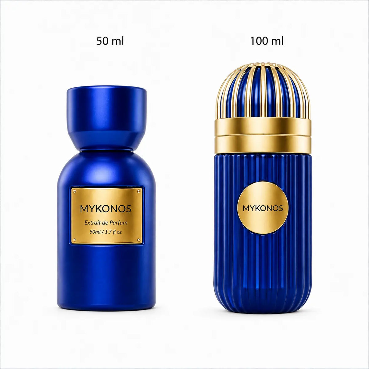 Two MYKONOS perfume bottles on a white background, labeled 50 ml and 100 ml. The bottles are metallic deep blue with gold labels and caps, and the larger bottle has a ribbed cap with gold and blue stripes.