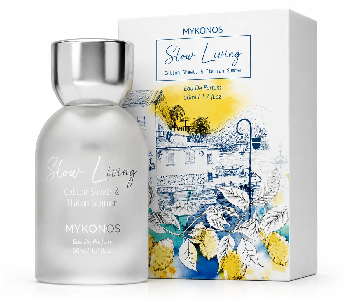 Mykonos Slow Living Extrait de Parfum 50ml with original packaging – calming green tea, soft florals, and soothing woody musk fragrance for men and women