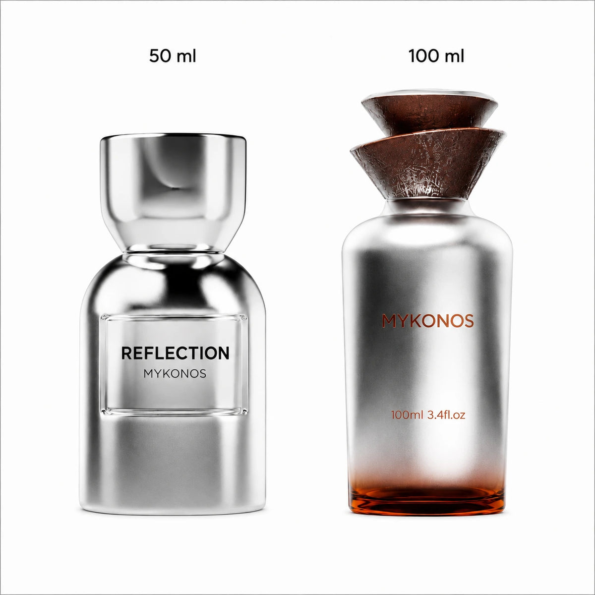 Two MYKONOS perfume bottles on a white background, labeled 50 ml and 100 ml. The left bottle, Reflection, is metallic silver.